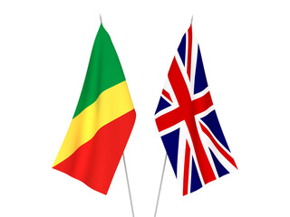 National fabric flags of Great Britain and Republic of the Congo isolated on white background. 3d rendering illustration.