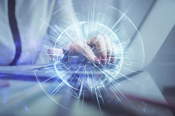 Multi exposure of woman hands typing on computer and business theme hologram drawing. Success...