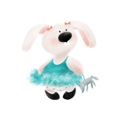 
cute little white cartoon hare with a wolf toy
