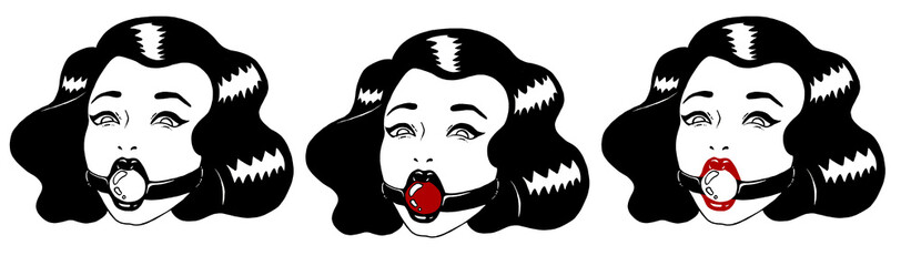 Sexy attractive elegant vintage BDSM girl with ball gag. Bondage girl set. Isolated on white background. Graphic erotic illustration collection.