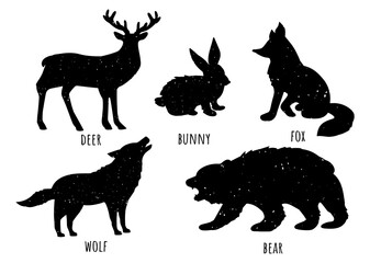 Forest animals. wolf, fox, deer, bear, hare. silhouette graphics. eps format