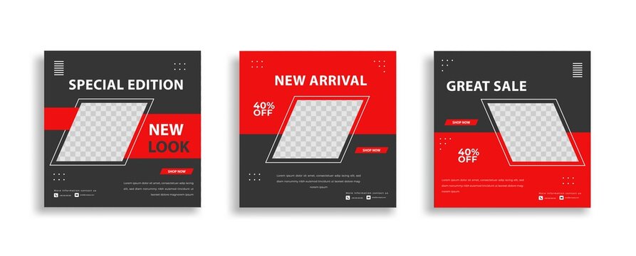 Set of Editable minimal square banner template. Red black background color with geometric shapes for social media post and web internet ads. Vector illustration 