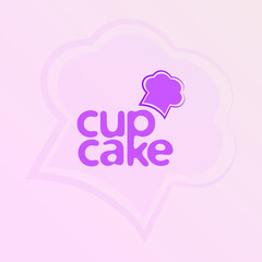 Label, logo for restaurant menu, bakery and pastry shop, pink cup cake vector template, patisserie illustration with chef hat