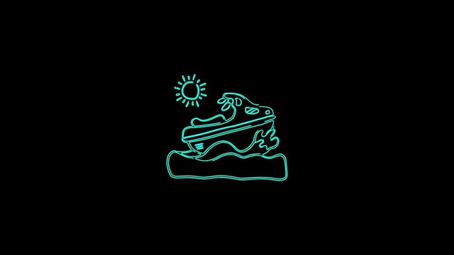 Water bike moving lines icon on black background. 4K video neon line animation.
