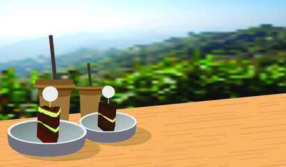 
Sitting and drinking frappe coffee and cake, enjoying nature on a wonderful holiday that hasn't been there for a long time (Copy space vector)