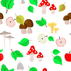 Seamless background with mushrooms leaves and apples. Vector repeating pattern. Autumn background.