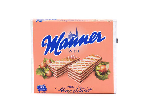 BUCHAREST, ROMANIA - FEBRUARY 2, 2020. Pack of Manner Wien Original Neapolitaner Wafers with hazelnut cream filling isolated on white