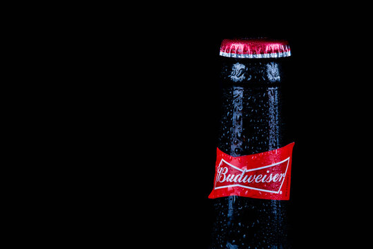Sandhurst, United Kingdom; February 13th 2021:- A close up of a bottle of chileld Budweiser isolated on a black background