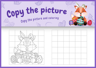copy the picture kids game and coloring page themed easter with a cute fox using bunny ears headbands hugging eggs