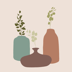 Illustration of minimal flower vases in pastel colors with green twigs