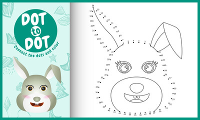 Connect the dots kids game and coloring page with a cute face rabbit character illustration
