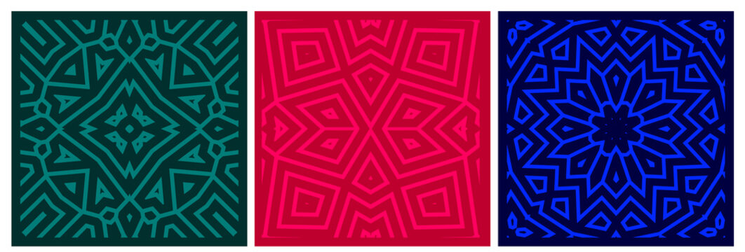 Set of geometric vector ornaments, square composition. Deep emerald green, bright maroon red pink, navy blue with light lines texture. Trendy modern banners BG for social media. Interior print picture