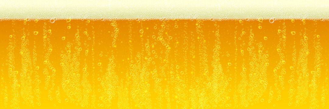 Beer background. Vector fresh beer froth with foam bubbles texture. Horizontal cold beer pattern background