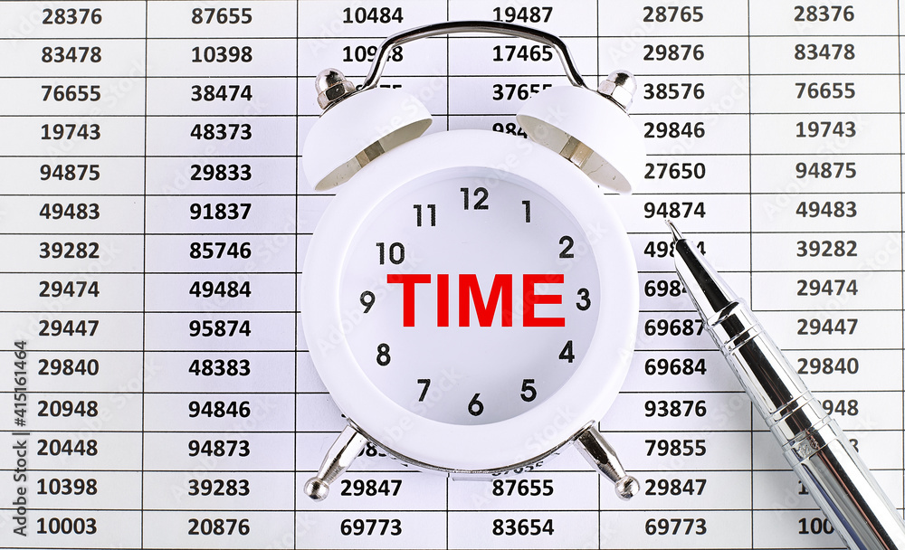 Poster business concept. text time on the alarm clock on chart background