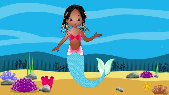 Seamless Looping Animation Of African Mermaid Girl in Deep Blue Ocean