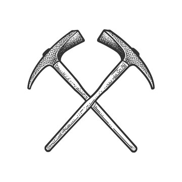 Crossed pickaxes tools sketch engraving vector illustration. T-shirt apparel print design. Scratch board imitation. Black and white hand drawn image.