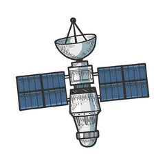 Artificial satellite color sketch engraving vector illustration. Scratch board style imitation. Black and white hand drawn image.
