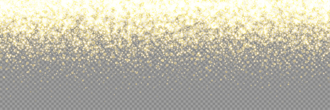 Gold glitter light. Golden glittering confetti border frame. Glistering dust sparkle background. Vector magic pattern