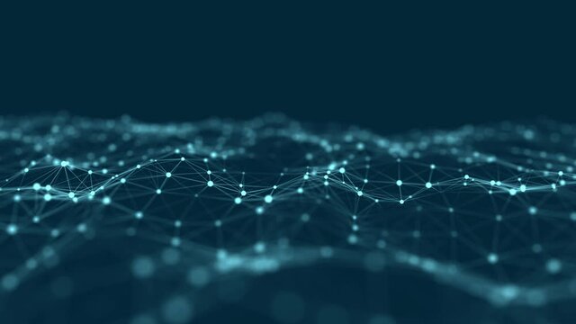Abstract wave with moving dots and lines. Flow of particles. Cyber technology illustration. 3d rendering