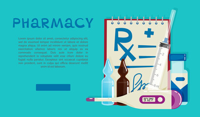 Medical Information Template with Space for Text and Image of Medicines on Blue Background. Vector Illustration in Flat Cartoon Style.