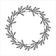 Vector hand drawn spring wreath isolated on white background. Outline circle of leaves. Doodle style. Floral frame.