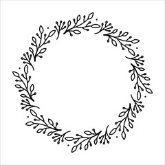 Vector hand drawn spring wreath isolated on white background. Outline circle of leaves. Doodle style. Floral frame.