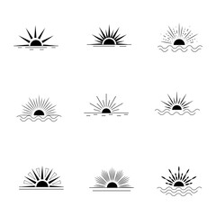 A set of vector icons and symbols of the sun and rays