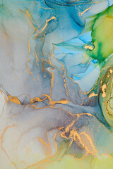 Alcohol ink art.Mixing liquid paints. Modern, abstract colorful background, wallpaper. Fluid marble art, texture,golden streaks, cracks.Translucent colors