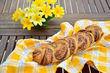 Homemade braided bread with chocolate hazelnut filling

