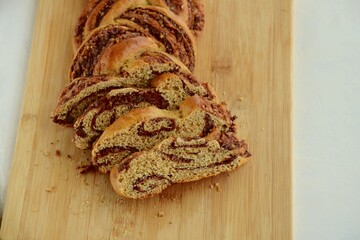 Homemade braided bread with chocolate hazelnut filling

