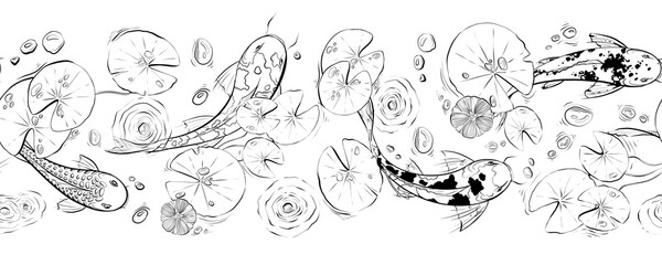 Seamless border design with fish and lily flowers. Digital illustration, line art. 