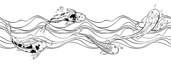 Seamless  Graphic border with fish and waves
