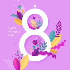Fototapeta na wymiar International Womens Day. March 8 banner with floral decor. Cut paper with a pattern of spring plants, leaves and flowers. Template for a poster, cards, banner Vector illustration