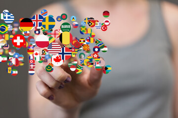 Global communication and international messaging concept, national flags of world