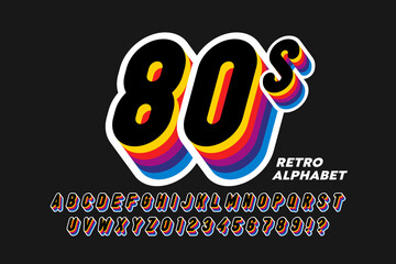 80's style colorful retro 3D font, alphabet letters and numbers © piai