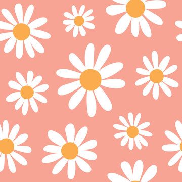 Spring daisies floral retro pattern. Large scale daisy / chamomile flowers  on coral pink background. Trendy bohemian indie style girly illustration  print. Seamless pattern vector, isolated elements. Stock Vector | Adobe  Stock