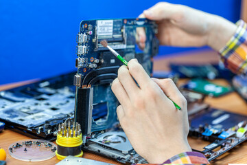 the concept of computer hardware, mobile phone, electronic, repairing, upgrade and technology,...