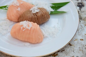 Getuk Lindri. Javanese sweet snack made of mashed cassava, rolled and eaten with grated coconut.
