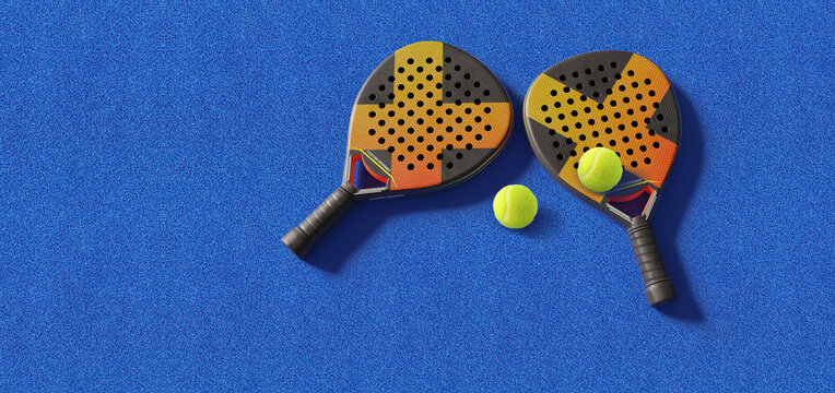 Close up of padel balls and rackets on a blue syntehtic playground. 3D rendering	