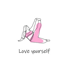Body positive abstract trendy one line illustration. Attractive plus size model. Fat young woman in a yoga pose. Love the concept of your body. All bodies are beautiful. Love yourself lettering