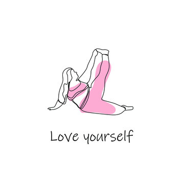 Body Positive Abstract Trendy One Line Illustration. Attractive Plus Size Model. Fat Young Woman In A Yoga Pose. Love The Concept Of Your Body. All Bodies Are Beautiful. Love Yourself Lettering