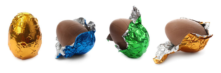 Set with sweet chocolate Easter eggs with foil on white background, banner design