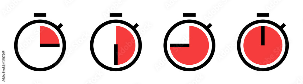 Poster set of red timer icons. countdown timer in a flat style. stopwatch symbols on white background. vect