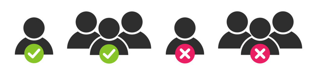People icons set. User group with check mark and cross sign. Team communication icon symbol. Isolated vector illustration.