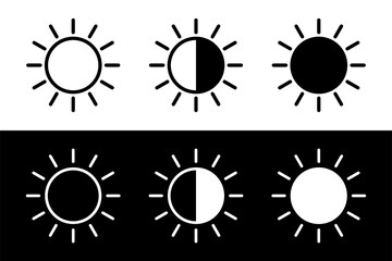 Screen brightness sun icon. Brightness contrast sign for apps and websites. Contrast level icons in flat style. Vector illustration. 