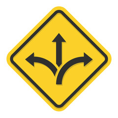 Three way direction sign. Way choice concept. Road arrow icon isolated on white background. Vector illustration.