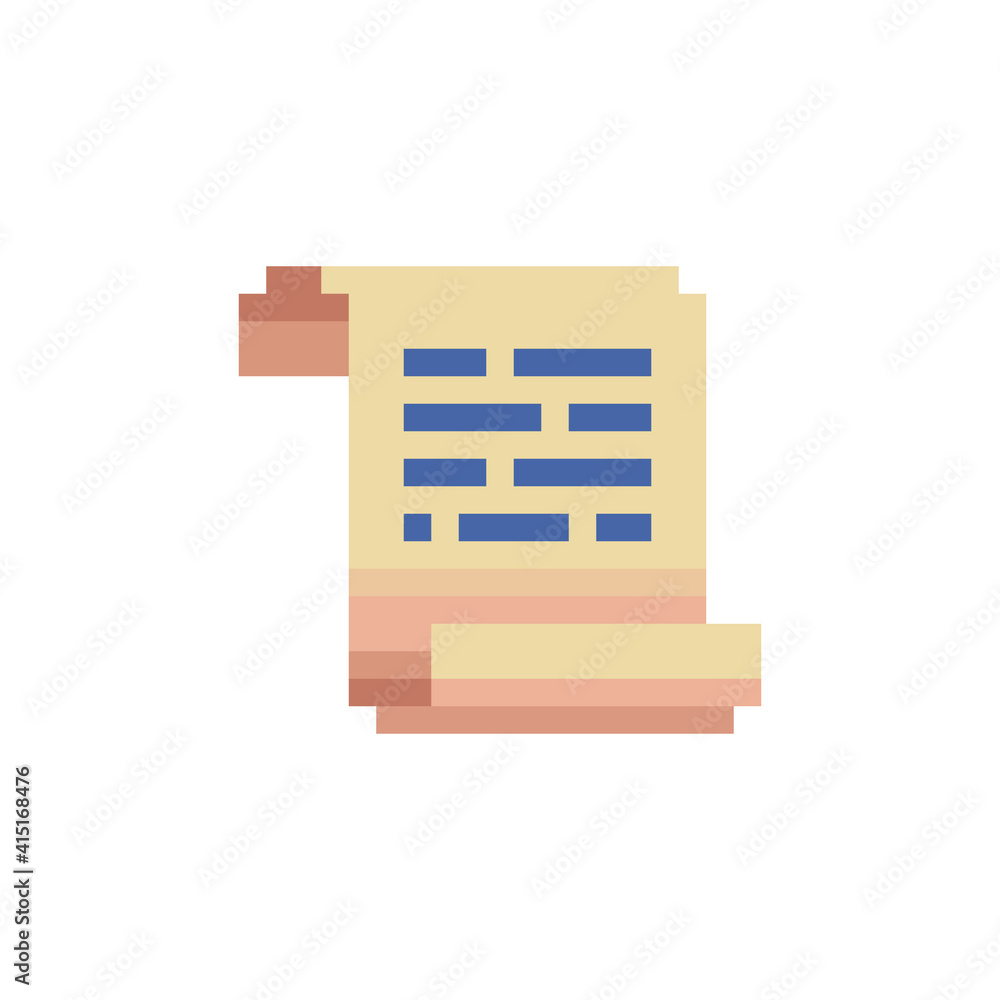Poster pixel paper scroll icon. sticker design. old school computer graphic style. pixel art 8-bit. isolate