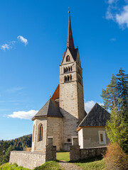 Church San Giuliana. Vigo di Fassa (Vich) in valley Val di Fassa in the Dolomites. Italy.