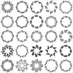 Obraz premium Set of 25 vector hand drawn spring wreaths isolated on white background. Silhouette circle of leaves. Doodle style.Collection of floral frames.