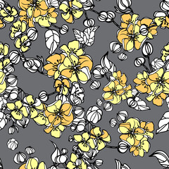Floral vintage seamless pattern. Dark yellow and grey. Oriental style. Vector illustration art. For design textiles, paper, wallpaper.